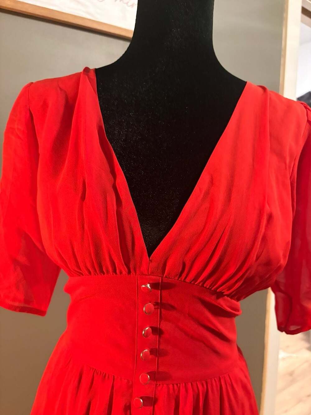 The Kooples Red Silk Muslin Midi Dress with Button-Down Detail - Picture 3 of 6